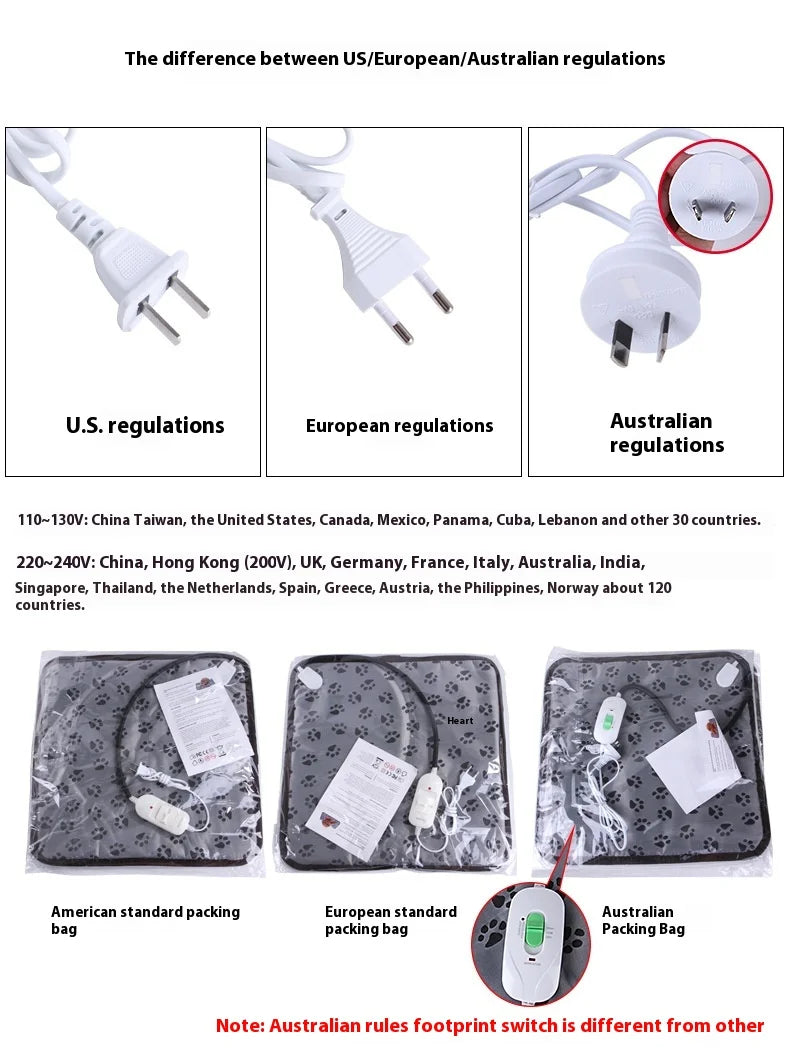 Pet Electric Blanket, Waterproof, bite-proof, Wear-Resistant, Adjustable Constant Temperature, US, Australian, European Dog Pad