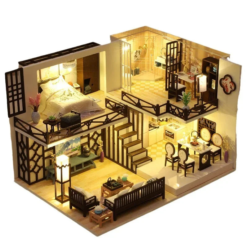 Assemble DIY Wooden House Dollhouse kit Wooden Miniature Doll Houses Miniature Dollhouse toys With Furniture LED Lights Gift