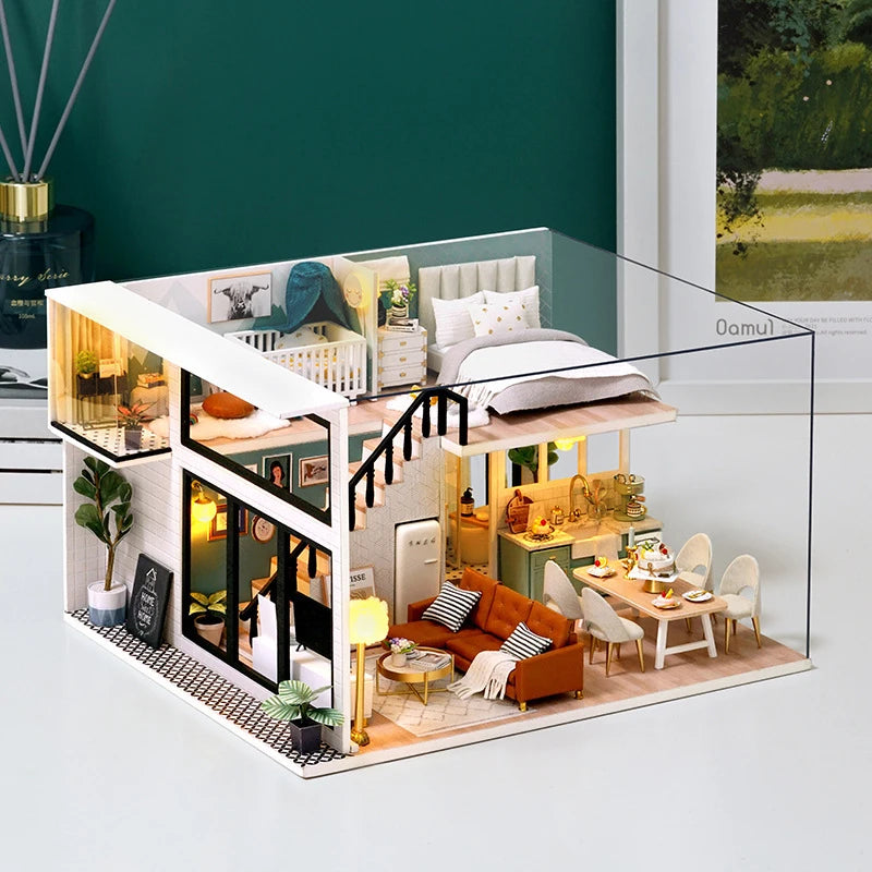 3D Wooden Mini Doll House Assembly Building With Furniture Kit DIY Handmade Duplex Apartment Production Toys Kids Birthday Gifts