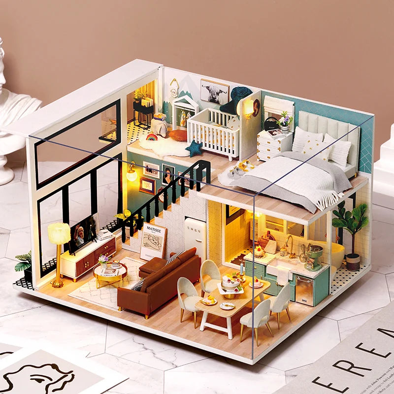 Doll House Kit 3D Wooden Mini Doll House Assembly Building with Furniture Kit Toys Children's Birthday Gift DIY Handmade 3D Jigs