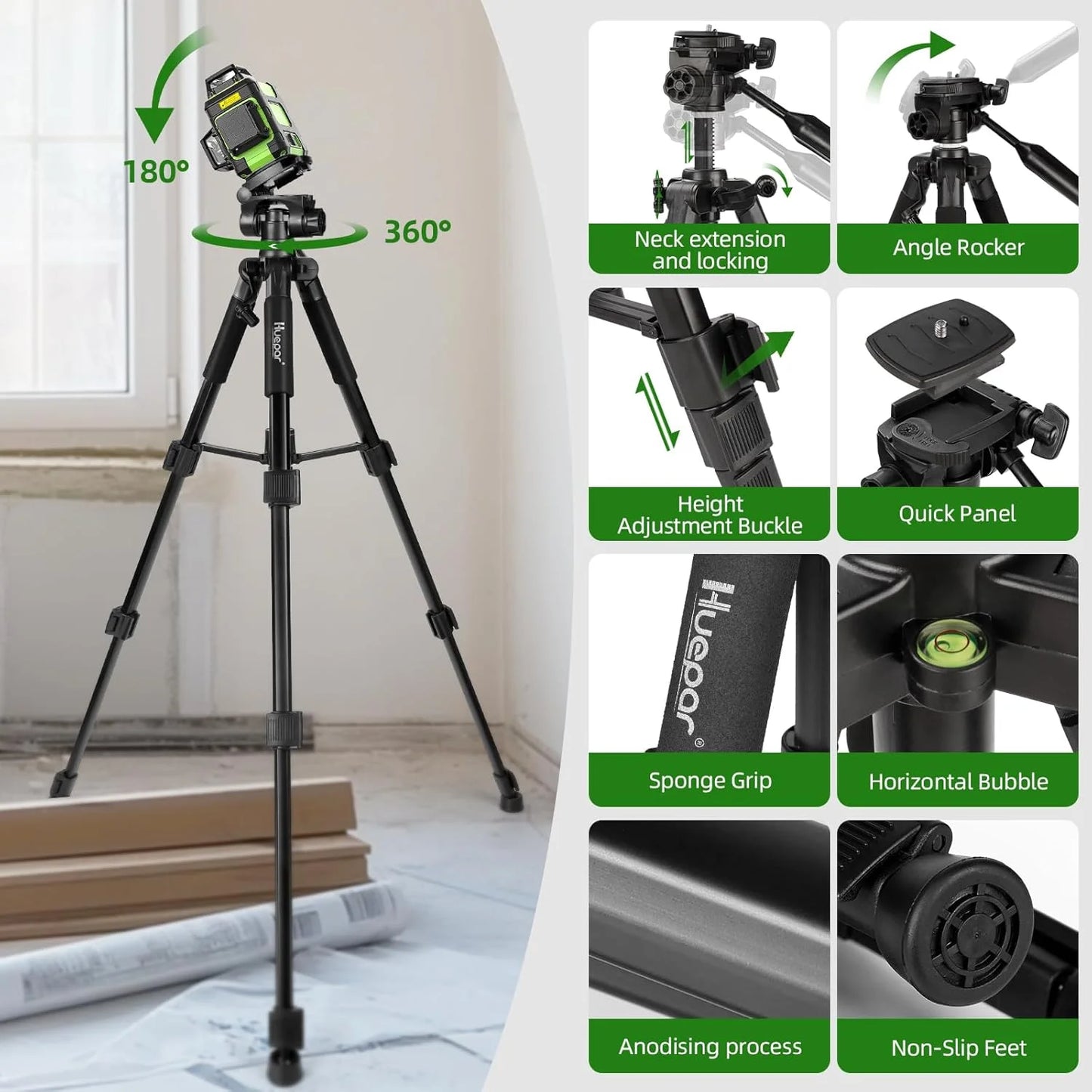 Huepar Laser Level with 1.27M Tripod 3D 12 Lines Self Leveling Laser 360° Cross Lines and Glasses Li-ion Battery for Outdoor