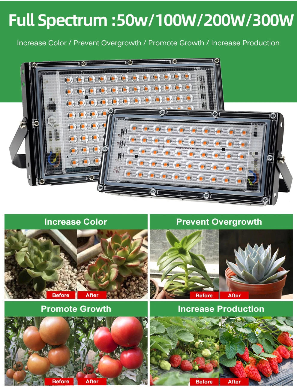 Full Spectrum LED Plant Grow Light AC220V 50/100/200/300W with switch for greenhouse hydroponic plants flower seeds growth light