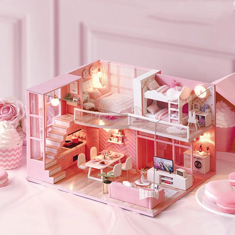 3D Wooden Mini Doll House Assembly Building With Furniture Kit DIY Handmade Duplex Apartment Production Toys Kids Birthday Gifts