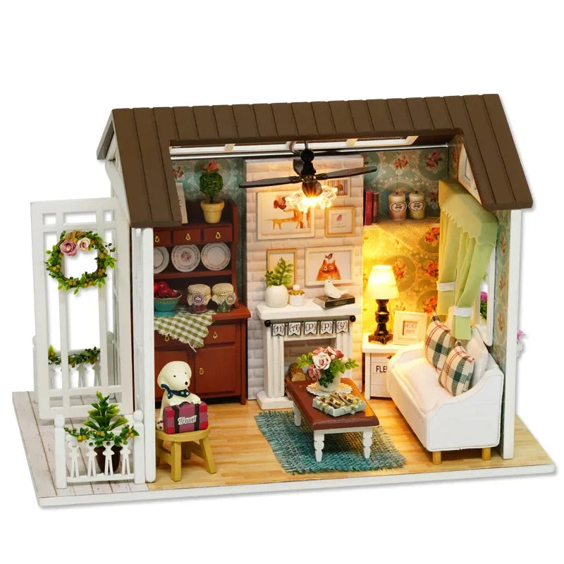 Assemble DIY Wooden House Dollhouse kit Wooden Miniature Doll Houses Miniature Dollhouse toys With Furniture LED Lights Gift