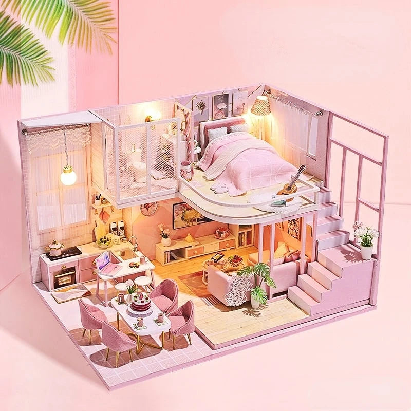 Doll House Miniature Furniture Diy Wood Dollhouse Miniatures Children Toys Girl Birthday Gifts Diorama Christmas Toy Gift