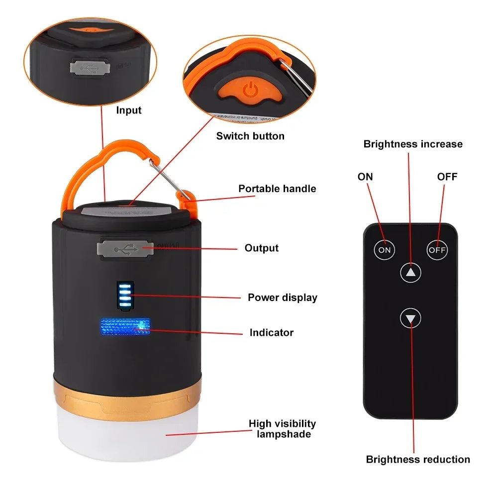USB Rechargeable LED Camping Lantern Remote Control Portable Camping Torch with Strong Magnet Outdoor Emergency Lantern 4800Mah