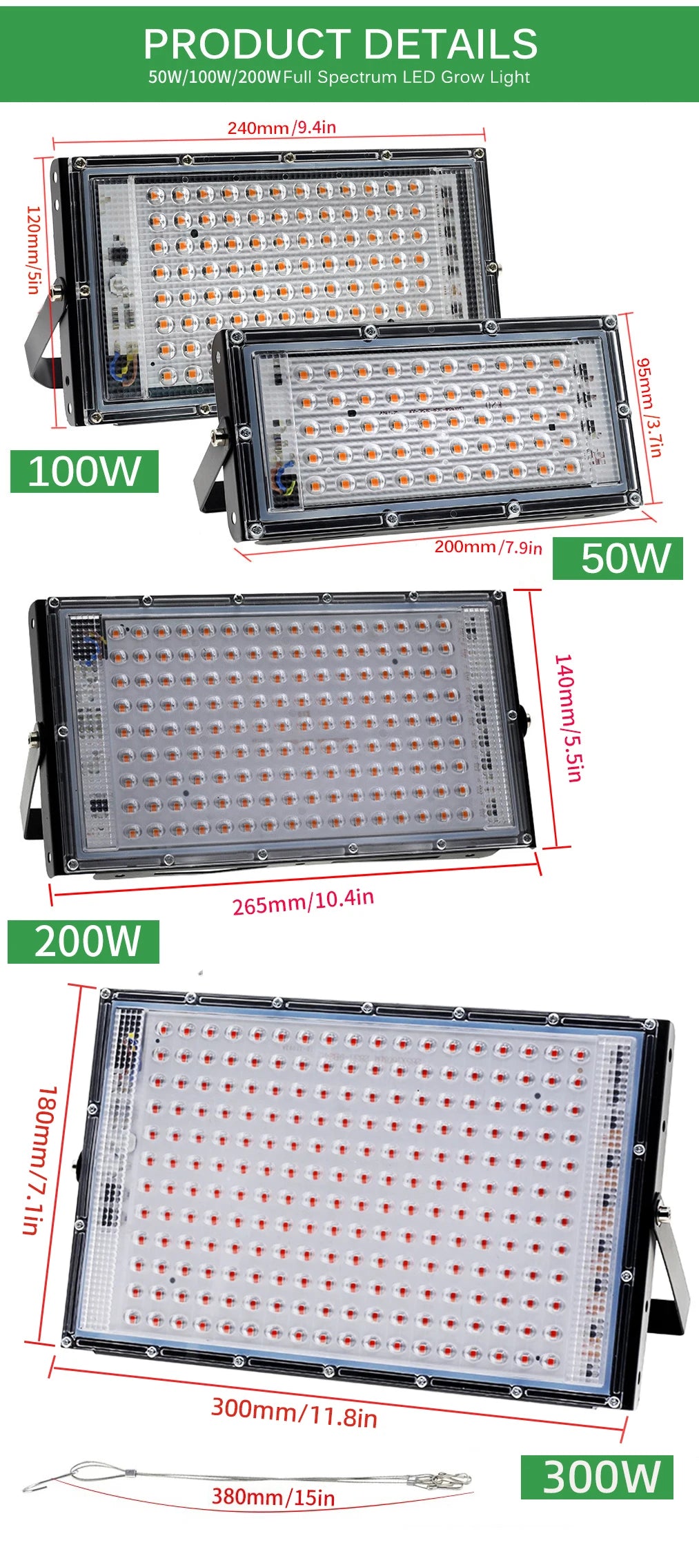 Full Spectrum LED Plant Grow Light AC220V 50/100/200/300W with switch for greenhouse hydroponic plants flower seeds growth light