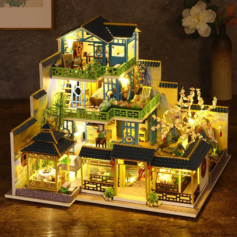 Big Diy Wooden Dollhouse with Furniture Light Casa Miniature Doll House Kit Home Chinese style villa Model Toys Birthday Gifts