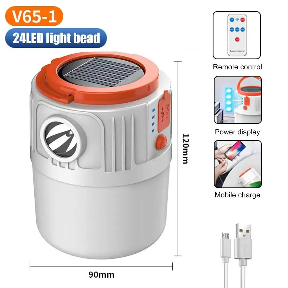 Solar Camping Light Power Bank USB Rechargeable Bulb 6 Gears Remote Control Tent Lamp Portable Lanterns Emergency Lights Outdoor